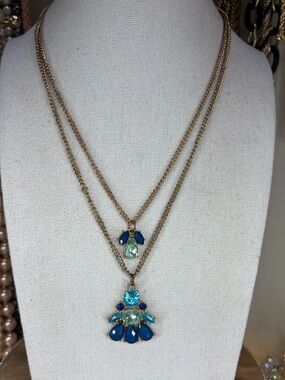 Rhinestone Double Chain Necklace Blue Green  Dainty Glam Jewelry
